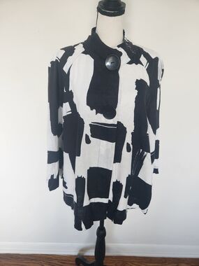 Grace Black and White Brush Stroke Linen Tunic Top Shirt Lagenlook Art  12
